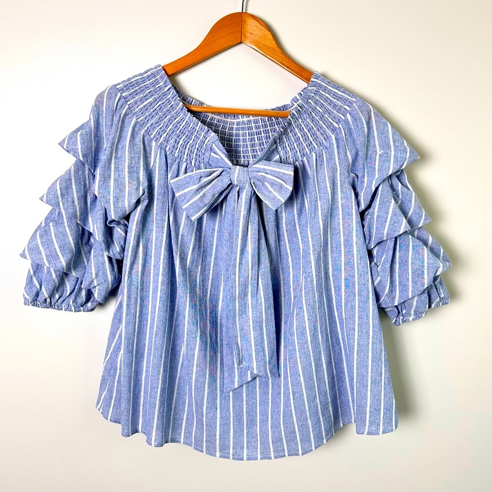 She and Sky Bow Front Detail Puff Sleeve Stripe Off the Shoulder Shirt - Picture 7 of 11